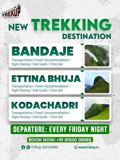 A graphic announcing our new trekking destinations: Bandaje, Ettina Bhuja, and Kodachadri, with departures every Friday night.