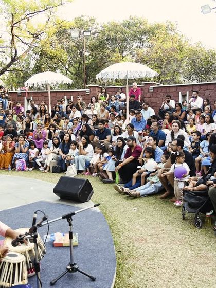 A wide-angle view of the large, engaged audience at our 'Jungle Jugalbandi' session at the Hyderabad Festival of Play. It was wonderful to see so many families enjoying the music together.
