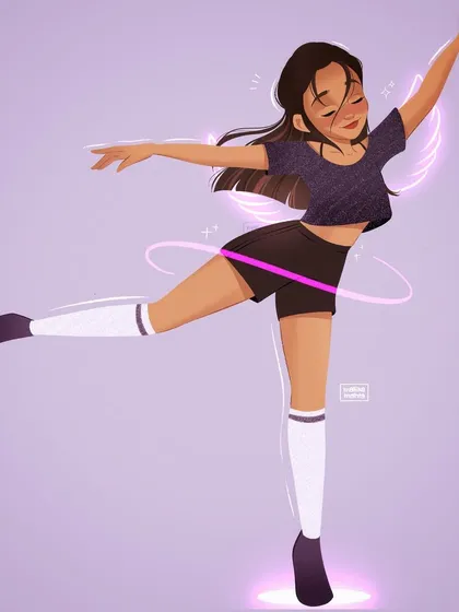 The full-body view of the Red Bull character illustration. This shows the complete pose and the glowing energy effect at her feet, creating a sense of movement and power.