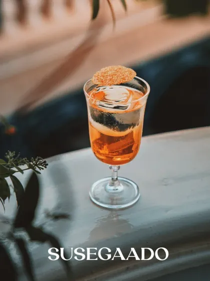 Our Susegaado mocktail, a creamy daydream in a glass with a lush strawberry cordial, fresh cream, and a hint of vanilla.