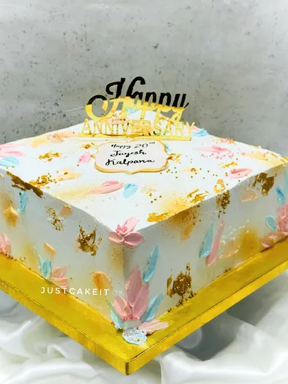 A large, 3kg square cake for an anniversary celebration. The abstract, pastel-colored palette knife painting gives it a modern, artistic feel.