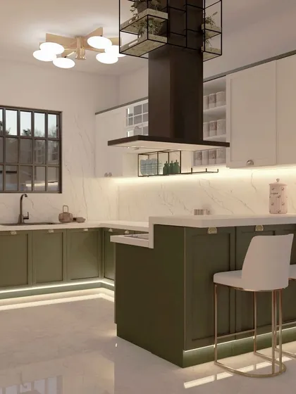 We designed this open-plan kitchen with an olive green and white palette, centered around a functional island with a breakfast bar. The space features smart storage solutions, under-cabinet lighting, and a unique overhead planter rack, blending style with everyday utility.