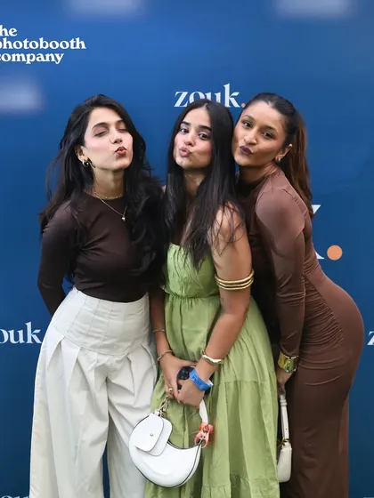 Guests posing at the Zouk Vegan Creators Day. Our Magic Mirror booth provides a fun, interactive element for any brand event, complete with custom backdrops and branding.