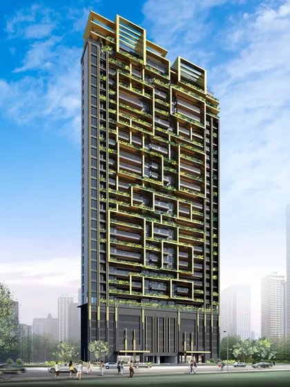 We designed this high-rise with a striking facade that integrates nature into urban luxury living. The intricate geometric patterns, gold-accented frames, and vertical gardens create a dynamic visual rhythm and a refreshing environment for residents.
