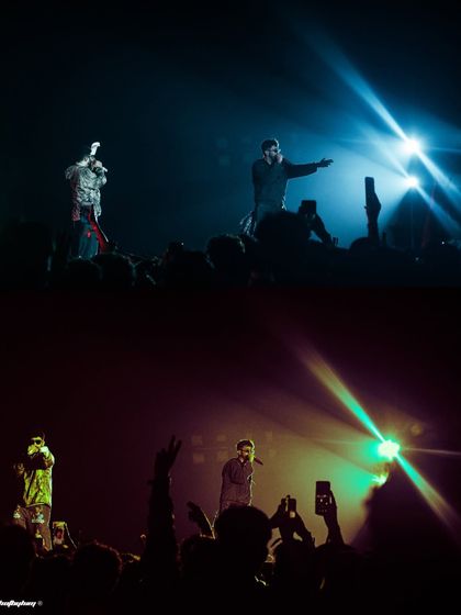 A split-panel view of Seedhe Maut's concert, showing them under bright spotlights and interacting with the crowd holding up their phones.
