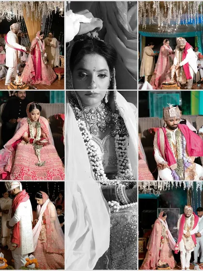 A collage of poignant moments from a wedding ceremony. It includes scenes from the pheras and intimate black and white portraits, telling the complete story of the vows.