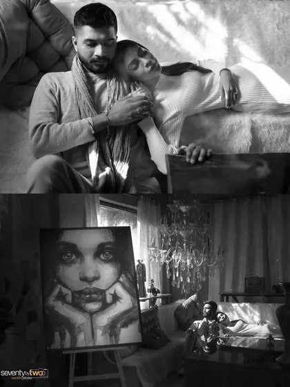 Two scenes, one story. A quiet moment of rest, and a wider view of their sanctuary. This black and white diptych captures both the intimacy and the artistic mood of their Kashmir shoot.