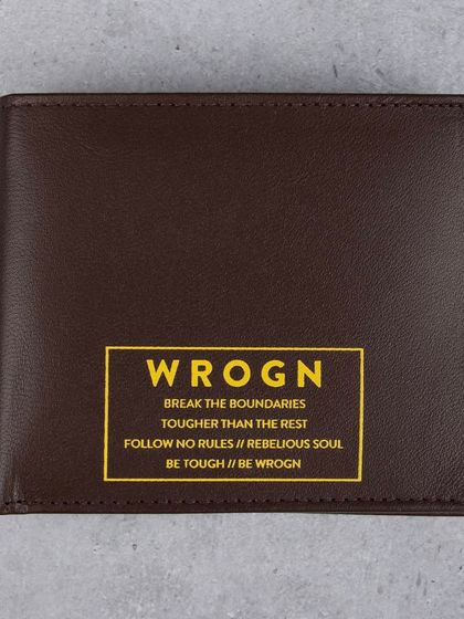 A front-facing shot of the dark brown 'WROGN' wallet.