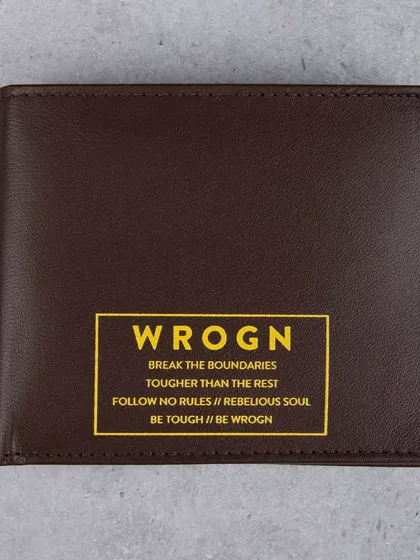 A front-facing shot of the dark brown 'WROGN' wallet.