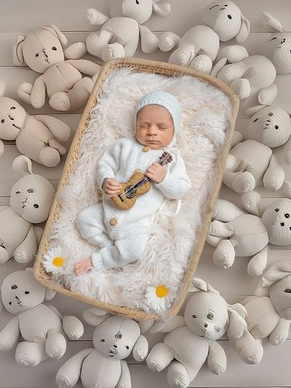 A tiny musician surrounded by his furry audience. This creative setup with a miniature guitar and teddy bears is a whimsical way to capture a newborn's peaceful slumber.