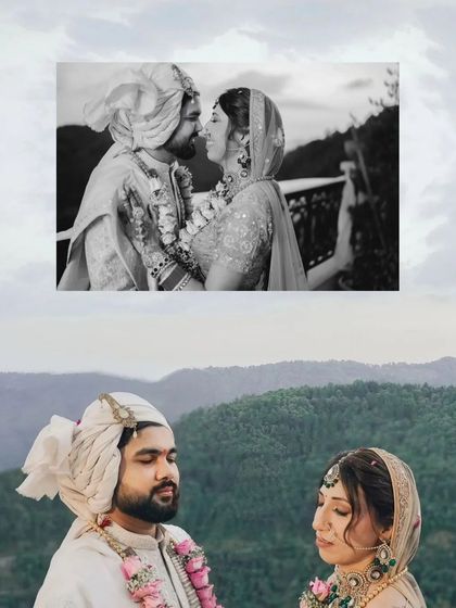 A collage blending a color and a black and white portrait of the couple. Set against a mountain landscape, it captures the serene and epic nature of their wedding.