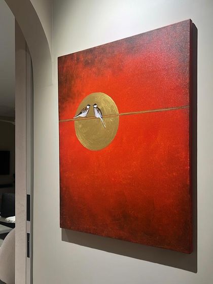 The bird painting installed in a client's home. The warm colors and elegant composition make it a perfect accent piece for an entryway or living area.