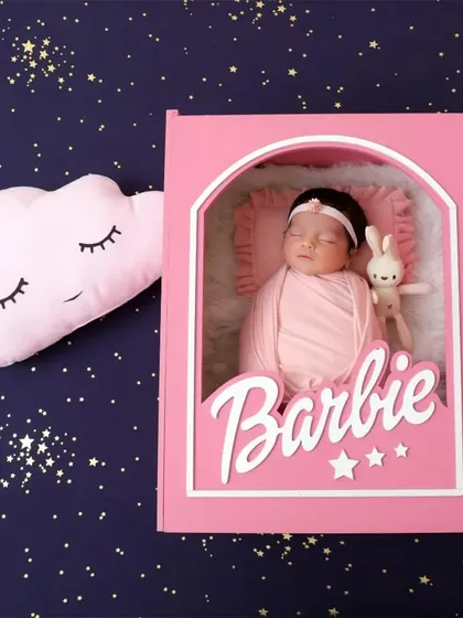 This is the Barbie dream house, newborn edition. I designed this 'in-the-box' setup for a fun and modern take on the classic Barbie theme, perfect for your little doll.