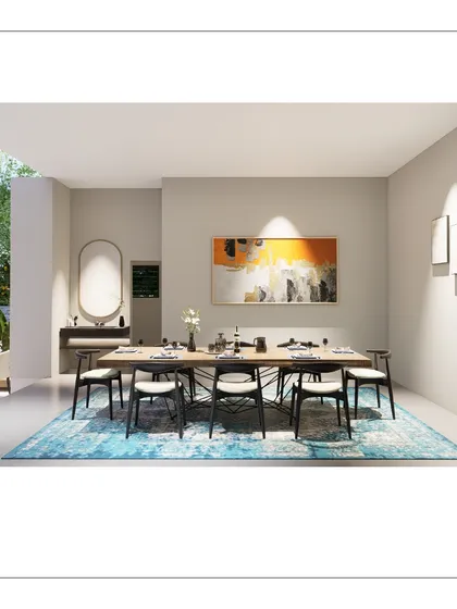The dining area in the ALTURA project is bright and airy, with a bold abstract painting and a vibrant rug adding color and personality. The design is clean and modern, perfect for both family meals and formal dining.