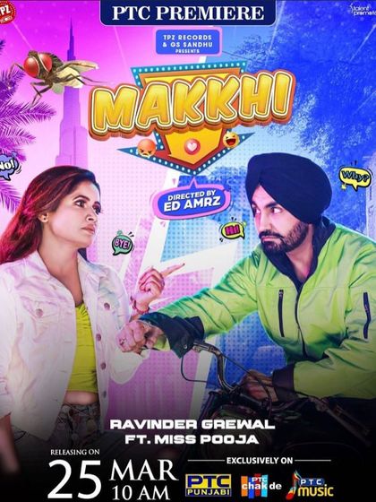 The official poster for 'Makkhi'. The bright colors and modern outfits I chose for the artists reflect the comedic and high-energy theme of the music video.