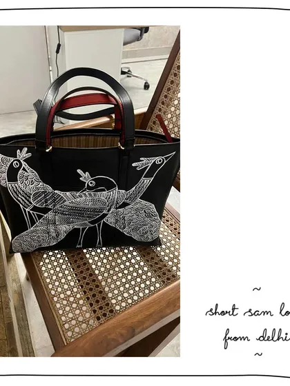 Our patron Garima's Short Sam tote with a beautiful Gond art painting of birds on Slate leather.