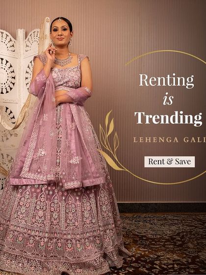 A full view of the beautiful lavender lehenga, perfect for a sangeet or engagement. Renting is trending because it lets you wear stunning, elaborate outfits like this without the high cost.