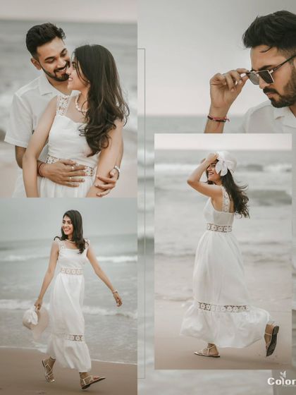 A beautiful collage from a beach shoot, showcasing individual portraits and a romantic couple shot, all in a coordinated white theme.