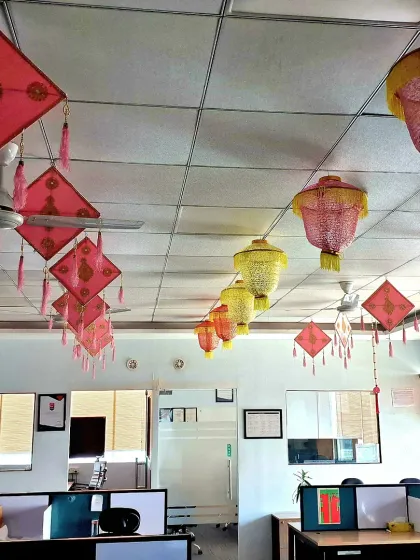 For Vahdam's office Diwali party, we decorated the workspace with colorful hanging lanterns and traditional decor pieces, transforming the office into a festive environment without disrupting workflow.