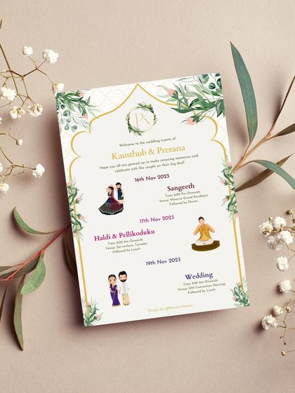 This tropical-themed wedding itinerary card is perfect for a destination celebration. It features cute animated couple illustrations for each event, surrounded by lush tropical foliage and delicate pastel flowers to set a fun, relaxed vibe.