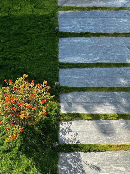 Detail is everything. This pathway combines clean stone pavers with soft mondo grass, creating a textural contrast underfoot. The composition of hardscape and softscape is fundamental to how I approach every garden design.