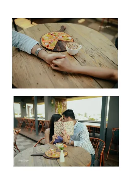 A creative collage from a cafe pre-wedding shoot. The couple shares a kiss behind the menu, a playful and intimate moment captured forever.