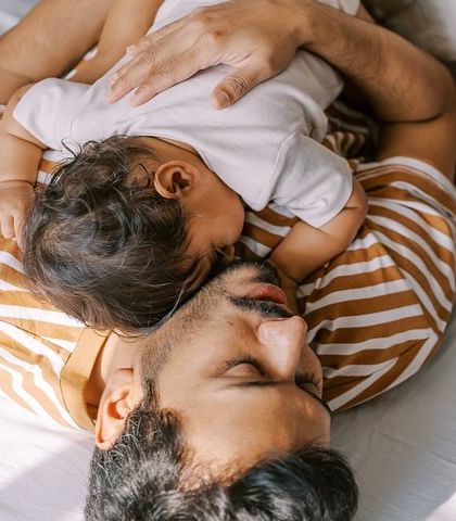 A baby sleeping on his father's chest. A quiet, intimate moment that speaks volumes about their bond.