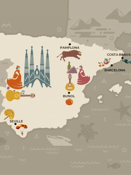 Our illustrated map of Spain pinpoints the key locations from ZNMD's journey. Each city corresponds to a course on our menu, taking you on a tasting tour from Costa Brava to Pamplona without leaving your seat.