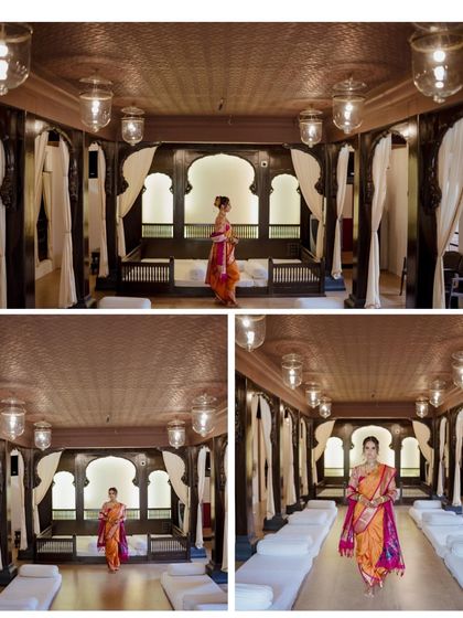 A collage showcasing the bride's elegance in a traditional Paithani saree, captured in a stunning, architecturally rich setting.