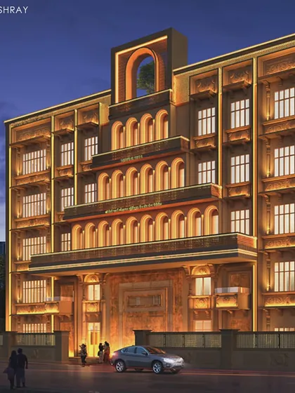 A render of the Jain Upashray in Vile Parle, Mumbai. This design is a modern interpretation of cultural heritage, drawing inspiration from the Sammed Shikharji Jain Temple. The illuminated facade at night highlights its intricate details and establishes it as a spiritual landmark.
