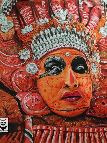 A tribute to my cultural roots, this is a highly detailed color pencil drawing of a Theyyam performer. I focused on capturing the vibrant colors of the costume and the intense expression, celebrating the rich traditions of Tulunad and Kerala.