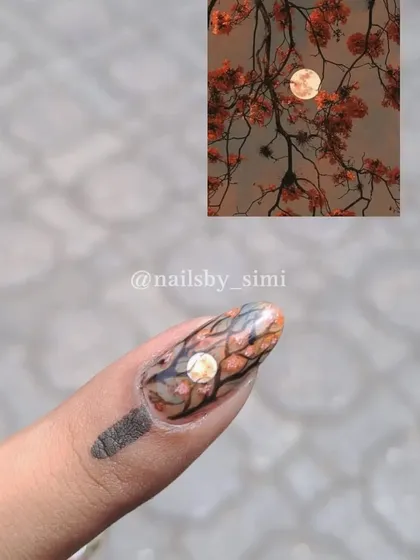 Another look at the nail art inspired by a full moon and blooming branches. I love recreating beautiful scenes on such a small canvas.