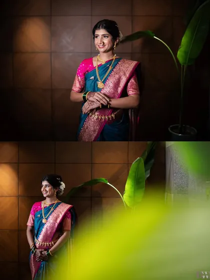 A stunning portrait of the Maharashtrian bride in her beautiful blue and pink Paithani saree, captured before the fusion wedding ceremony.