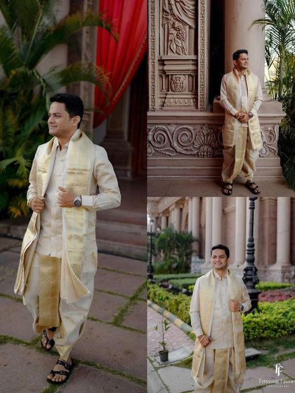 A collage of the groom in his traditional dhoti, posing in the gardens of a palace-like venue.