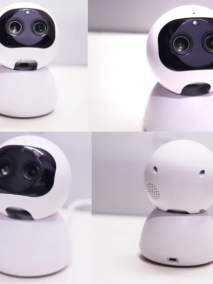 A collage showing the AI HD IP Camera from multiple angles. You can see the dual lenses, the speaker for two-way talk, and the power port on the back.