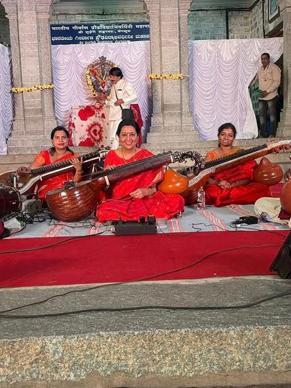 A full view of our ensemble during the Shivaratri performance at Shankar Mutt. The traditional setting adds a beautiful ambiance to the classical music.