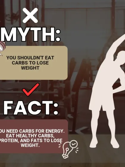 Myth: You shouldn't eat carbs to lose weight. Fact: This is completely wrong. You need healthy carbs for energy. A balanced diet with carbs, protein, and fats is essential for weight loss.