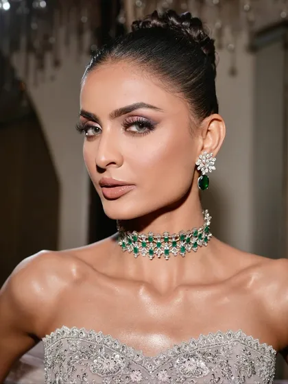 This is modern elegance personified. A sculpted, high-glam look with shimmering silver and lilac eyeshadow, paired with a sleek updo and statement diamond jewelry. It’s perfect for a reception or cocktail night where you want to shine.