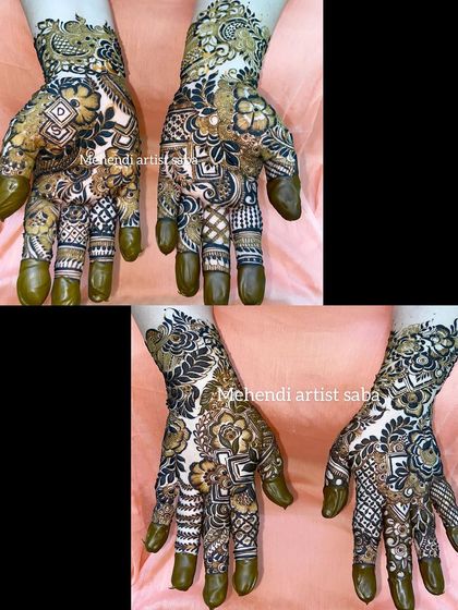 A collage showing different angles of a Khaleeji design, highlighting the mix of bold florals and intricate geometric fillers.