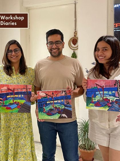 Participants from our workshop on Fauvism, an art movement known for its bold colors, show off their vibrant and expressive boat scene paintings.