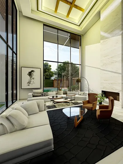 A space where modern design meets architectural intent. We used floor-to-ceiling glass windows to flood the interiors with natural light, while a distinct grid ceiling and sculptural furniture pieces define the living area as a curated, contemporary masterpiece.
