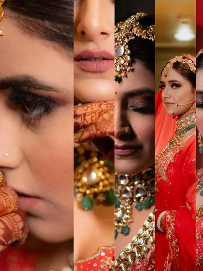 A creative, multi-panel collage of the bride's features. This artistic shot highlights her eyes, lips, and jewelry, creating a modern and beautiful abstract portrait.