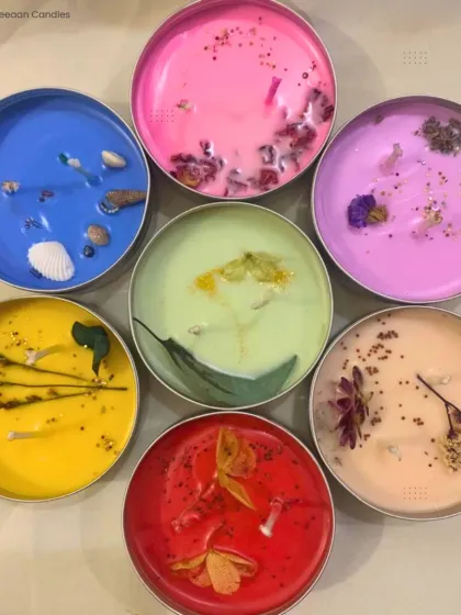 Let your space speak in colors and scents. Our tin candles are hand-poured with love and topped with natural botanicals.