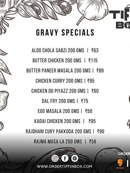 Here's a look at our Gravy Specials menu. You can order individual portions of our most popular dishes like Butter Chicken, Dal Fry, and Rajma Masala.