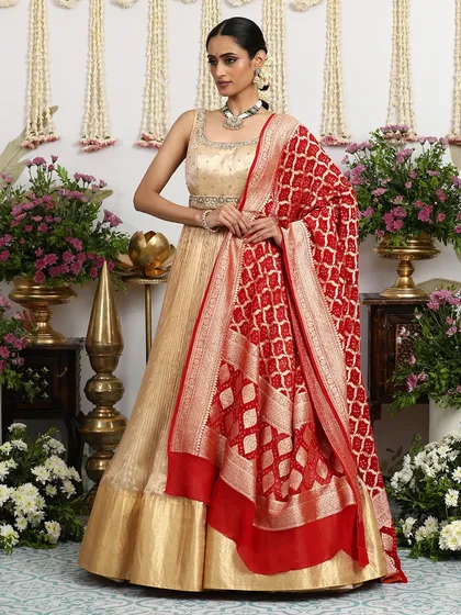 The flowing red Banarasi dupatta adds a touch of drama and elegance to the simple gold gown.