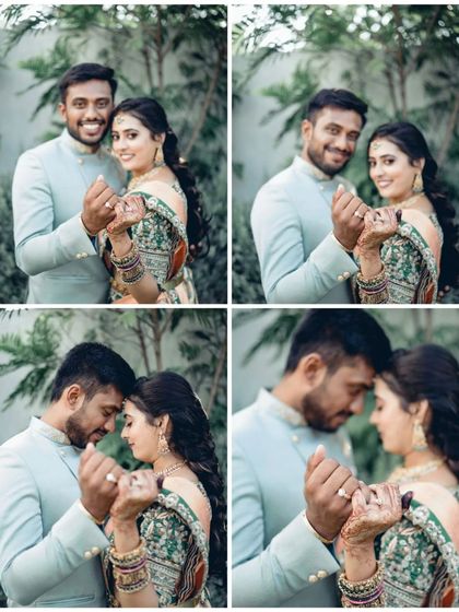 A happy collage of the newly engaged couple. These four frames capture their joy, their rings, and their loving glances in one beautiful collection.