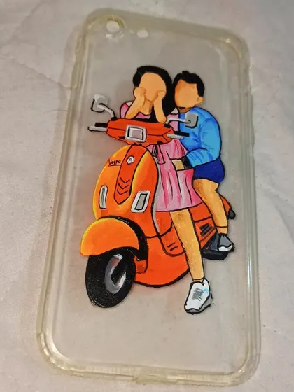 A slightly different angle of the scooter couple phone case. This view shows how the illustration stands out against the clear background, making it a piece of art you can carry with you.
