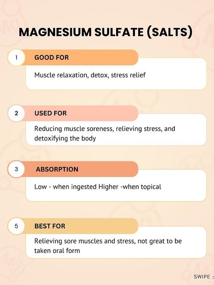 Magnesium Sulfate, or Epsom salts, is best used topically for muscle relaxation and stress relief, as it has low oral absorption.