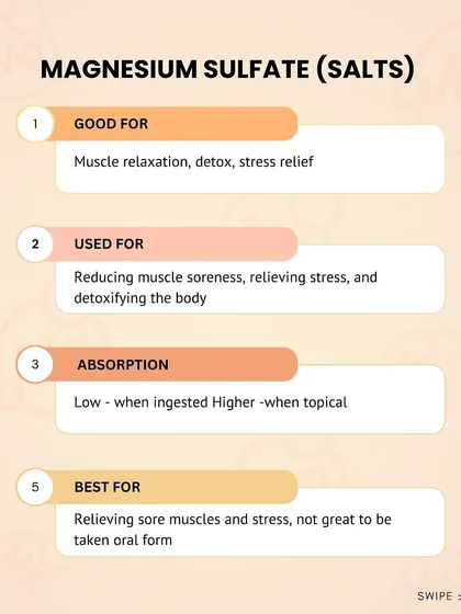 Magnesium Sulfate, or Epsom salts, is best used topically for muscle relaxation and stress relief, as it has low oral absorption.