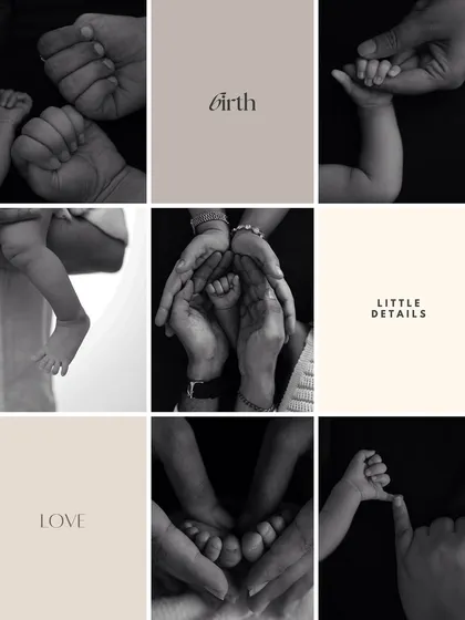 A collage of black and white detail shots, celebrating the little details of birth, from tiny fists to family hands.